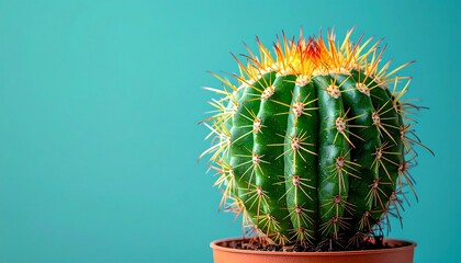 Close-up of a Golden Barrel Cactus in a Pot on Blue Background.