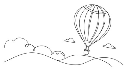 Whimsical hot air balloon floats serenely above rolling hills under a cloudy sky.