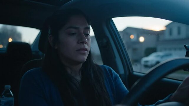 Woman sitting in car looking distressed while parked on a residential street at dusk