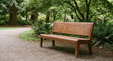 Park bench along pathway, forest bathing scene, tranquil, peaceful