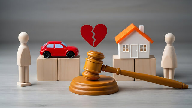Miniature figurines representing separated individuals flank a toy automobile and a small house model beside a gavel, symbolizing difficult divorce proceedings involving asset division and heartbreak 