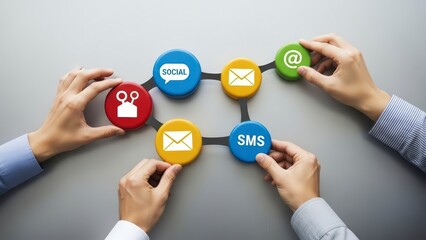 Hands connecting communication icons representing different digital channels.
