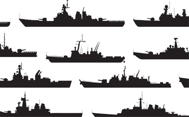 Collection of silhouette navy warships and destroyers with guns and radar on transparent background naval fleet set