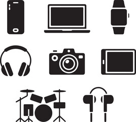 Collection of black vector icons for various electronic devices, music, and photography equipment