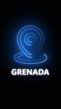 Blue neon location pin icon with the word GRENADA on a dark background Grenada navigation