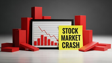Visual representation of a severe financial downturn featuring a prominently displayed sticky note declaring a stark stock market crash alongside falling red graph indicators symbolizing economic rece