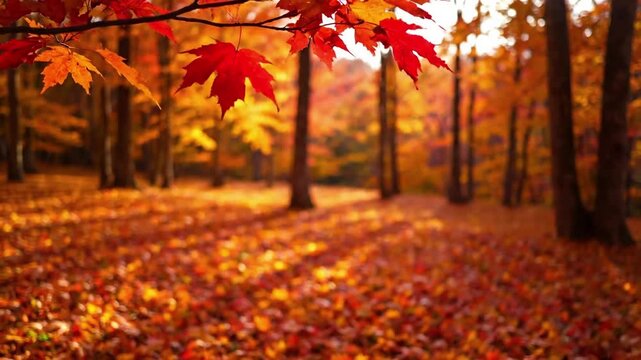 Sunlit Autumn Canopy maple leaves Upward tilt shot A cinematic, wide angle shot captures a vast forest floor completely covered in a