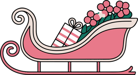 Festive pink sleigh loaded with decorated presents and bright flowers perfect for christmas holiday transport theme