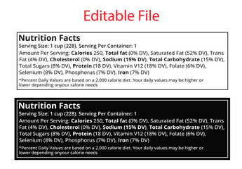 Nutrition facts label featuring editable png format for creating custom food labels with calorie information	
