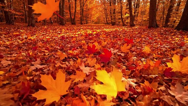 Ground Cover Tapestry maple leaves autumn Detailed view of scattered maple leaves forming a colorful carpet. A serene, cinematic slow