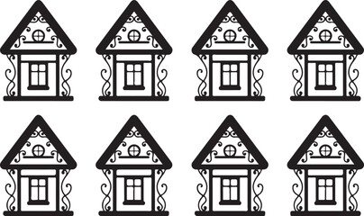 Set of black silhouettes of cute tiny houses in rustic style with carved details isolated on transparent background