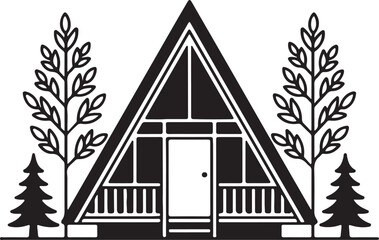 Black silhouette of an a-frame cabin surrounded by trees and plants isolated on transparent background