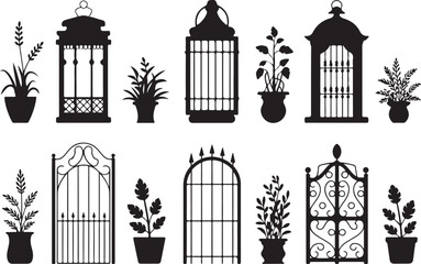 Set of decorative garden elements including birdcages, potted plants and ornate gates isolated on transparent background