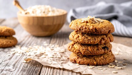 Delicious Oatmeal Cookies Stacked on Wooden Table with Oats.