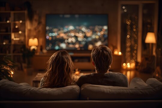 Rear view of a couple sitting comfortably on a sofa watching a movie on a large TV screen within a dimly lit and cozy living room.