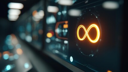 Glowing infinity symbol on a digital interface with gauges and indicators in a dark, tech-inspired environment
