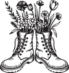 Black and white line art drawing of flowers growing out of combat boots symbolizing growth and nature