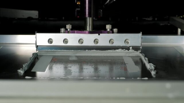 Automated industrial machine applying viscous silver solder paste through a metal stencil onto a printed circuit board for surface-mount technology assembly