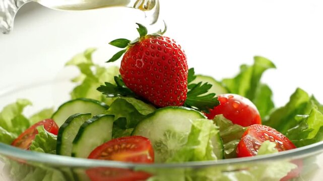 A visually appealing close-up shot captures the moment a clear, golden liquid, likely a healthy dressing or olive oil, is gently poured from a elegant glass dispenser over a freshly prepared garden sa