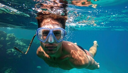 Underwater Gaze - Man Snorkeling in Clear Blue Ocean Depths.