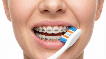 Close-up of young woman brushing teeth with metal orthodontic braces for oral hygiene and dental care