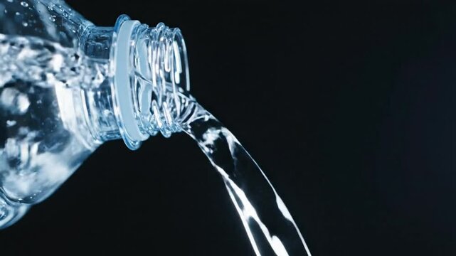 Close-up shot of water pouring from a clear plastic bottle with a dark background and a feeling of freshness