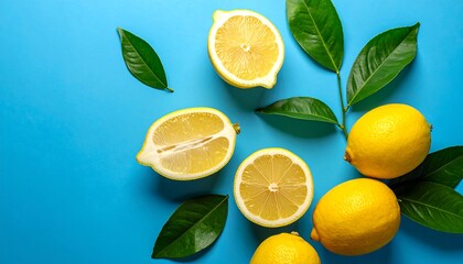 Fresh Lemons and Green Leaves on a Vibrant Blue Background.
