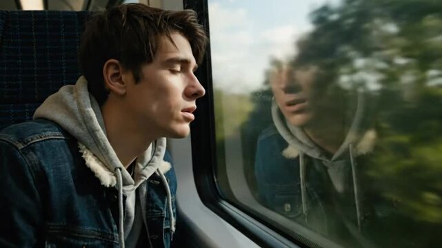 A young, contemplative individual gazes thoughtfully out of a train window, observing the blurred, vibrant green countryside as the journey unfolds. The scene captures a sense of quiet reflection, wan