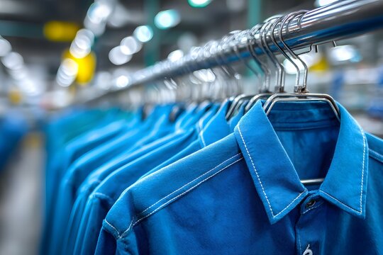 Row of blue work uniform shirts hanging on a metal rack in a laundry facility with selective focus on the foreground sleeve details.