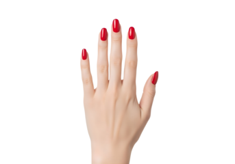 Womans hand with red painted fingernails isolated on transparent background