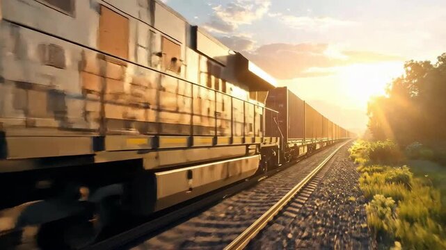 Freight train moving on tracks through a rural landscape at sunset.