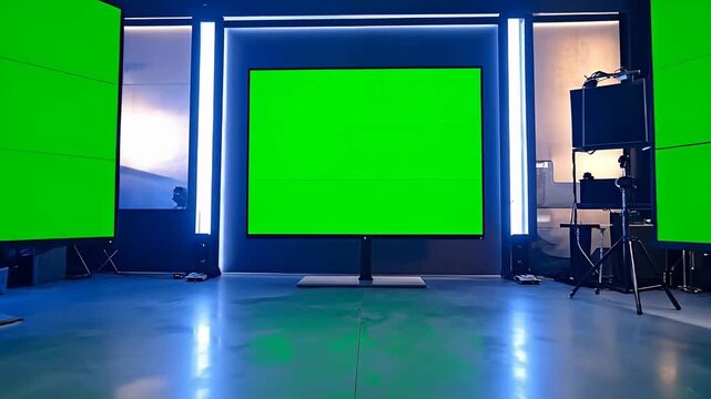 Television studio set with green screens and modern lighting for virtual production.