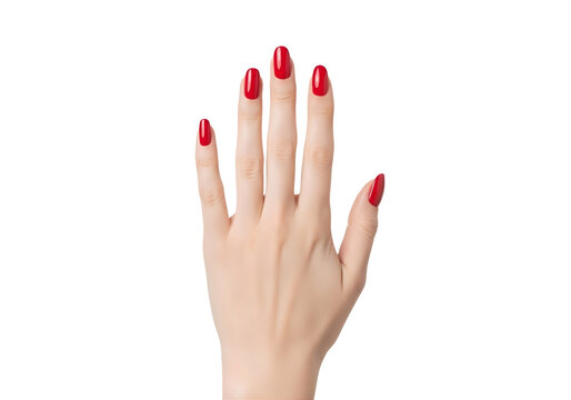 Womans hand with red painted fingernails isolated on transparent background