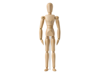 Wooden artist mannequin figure isolated on transparent background for drawing practice