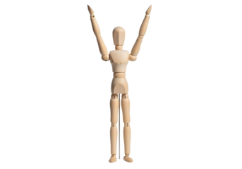 Wooden mannequin with arms raised up in the air on transparent background