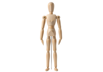 Wooden artist mannequin figure isolated on transparent background for drawing practice