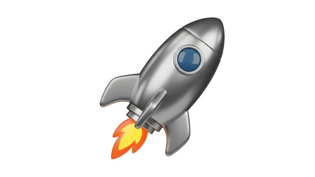 Silver rocket ship blasting off into space with fiery engines
