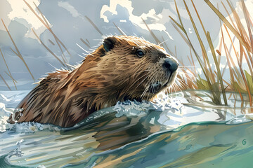 Brown Beaver Swimming in a Sunlit River