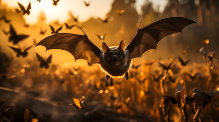 Brown Bat in Flight at Sunset with Swarm of Bats