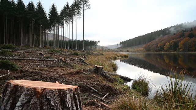 Scenic Deforestation Landscape with Tree Stumps, Forest, and Lake on a Cloudy Autumn Day