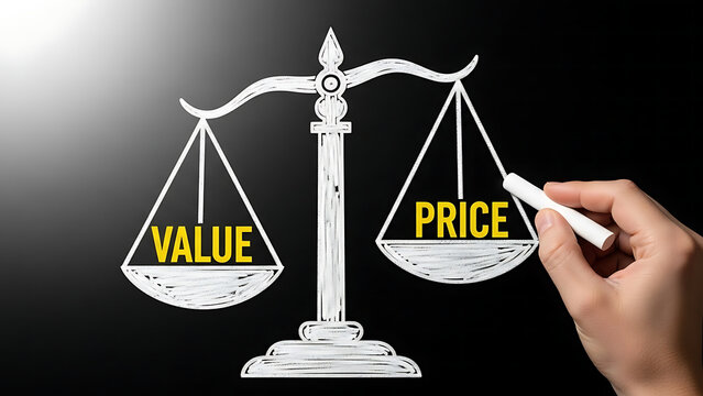 A conceptual image illustrating the relationship between value and price on a balance scale.