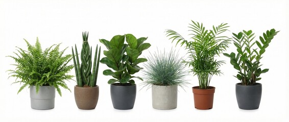 Variety of Fresh Green Potted Houseplants Displayed Against a Clean White Background in a Studio Setting, isolated against transparent background	