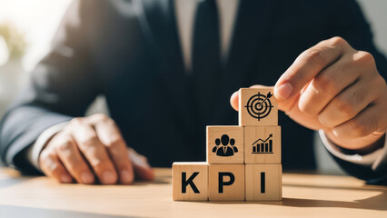 Businessman building kpi blocks on a table
