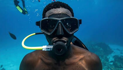 Underwater exploration - A focused diver in the deep blue sea.
