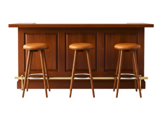 Three wooden bar stools in front of a wooden bar counter isolated on transparent background
