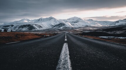 Straight road in Iceland leading toward snow-capped mountains under cloudy sky, winter landscape of nature and adventure, travel and exploration across vast open scenery toward an unknown horizon.