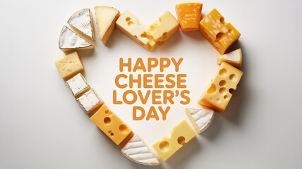 A heart shaped arrangement of diverse cheeses with a celebratory message