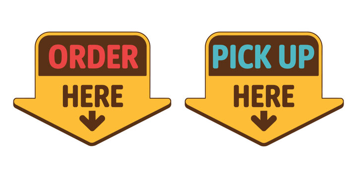 Order Here and Pick Up Here Signs, Vector Illustrations of Retail and Restaurant Service Signs, Isolated Graphic Elements.