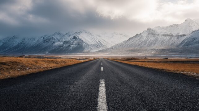 Straight road in Iceland leading toward snow-capped mountains under cloudy sky, winter landscape of nature and adventure, travel and exploration across vast open scenery toward an unknown horizon. - Powered by Adobe