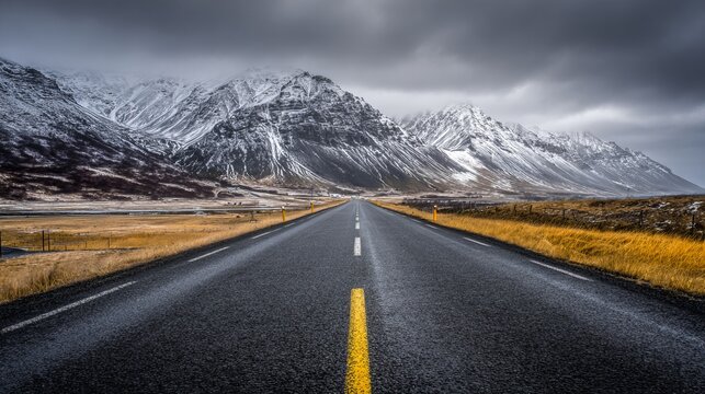 Straight road in Iceland leading toward snow-capped mountains under cloudy sky, winter landscape of nature and adventure, travel and exploration across vast open scenery toward an unknown horizon. - Powered by Adobe